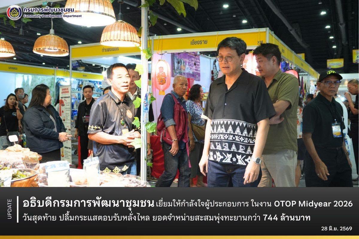อธิบดีกรมการพัฒนาชุมชน เยี่ยมให้กำลังใจผู้ประกอบการ ในงาน OTOP Midyear 2026 วันสุดท้าย ปลื้มกระแสตอบรับหลั่งไหล ยอดจำหน่ายสะสมพุ่งทะยานกว่า 744 ล้านบาท