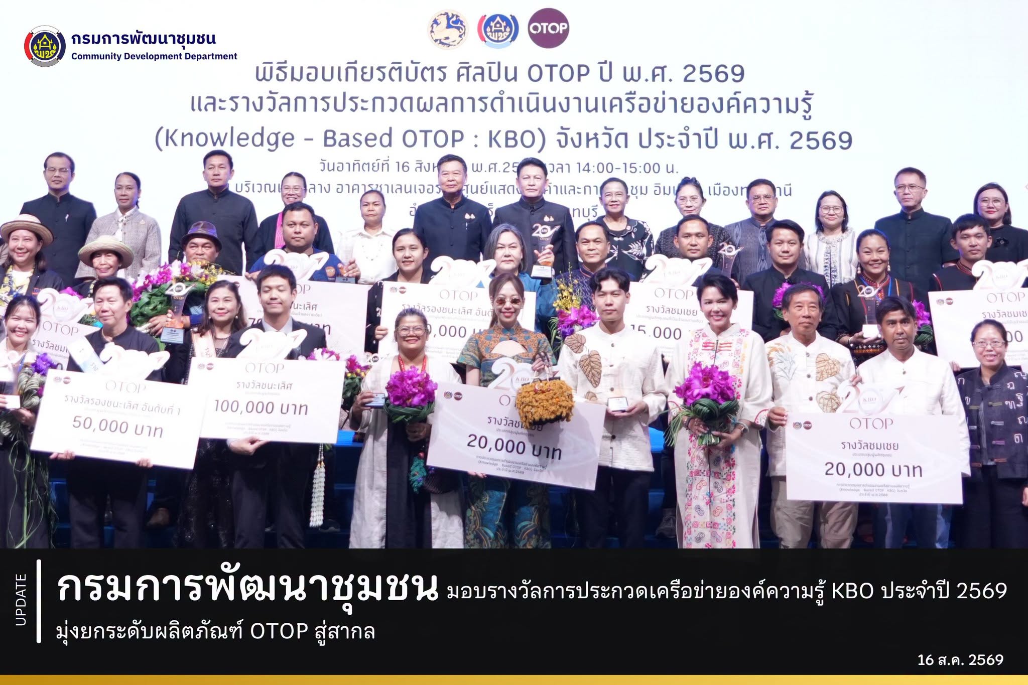 กรมการพัฒนาชุมชนมอบรางวัลการประกวดเครือข่ายองค์ความรู้ KBO ประจำปี 2569 มุ่งยกระดับผลิตภัณฑ์ OTOP สู่สากล